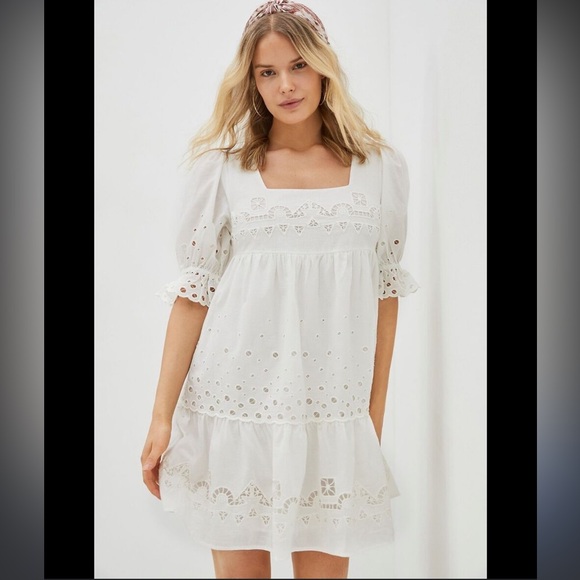 Anthropologie Dresses & Skirts - Anthropologie White Eyelet Puff-Sleeve Mini Dress